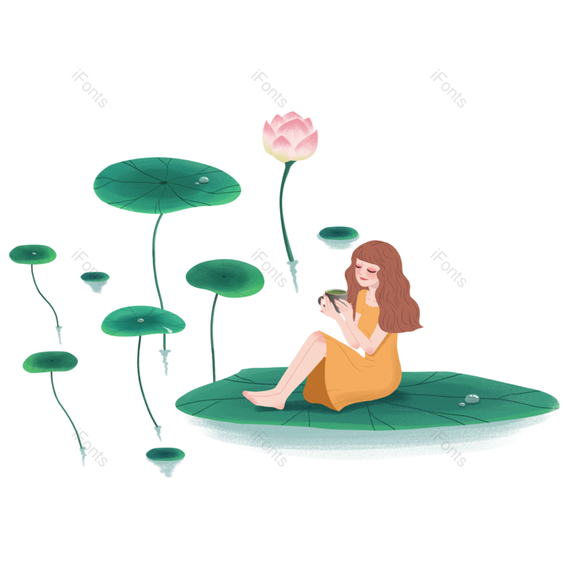 插画图片,小女孩元素,手绘PNG,荷叶免抠素材